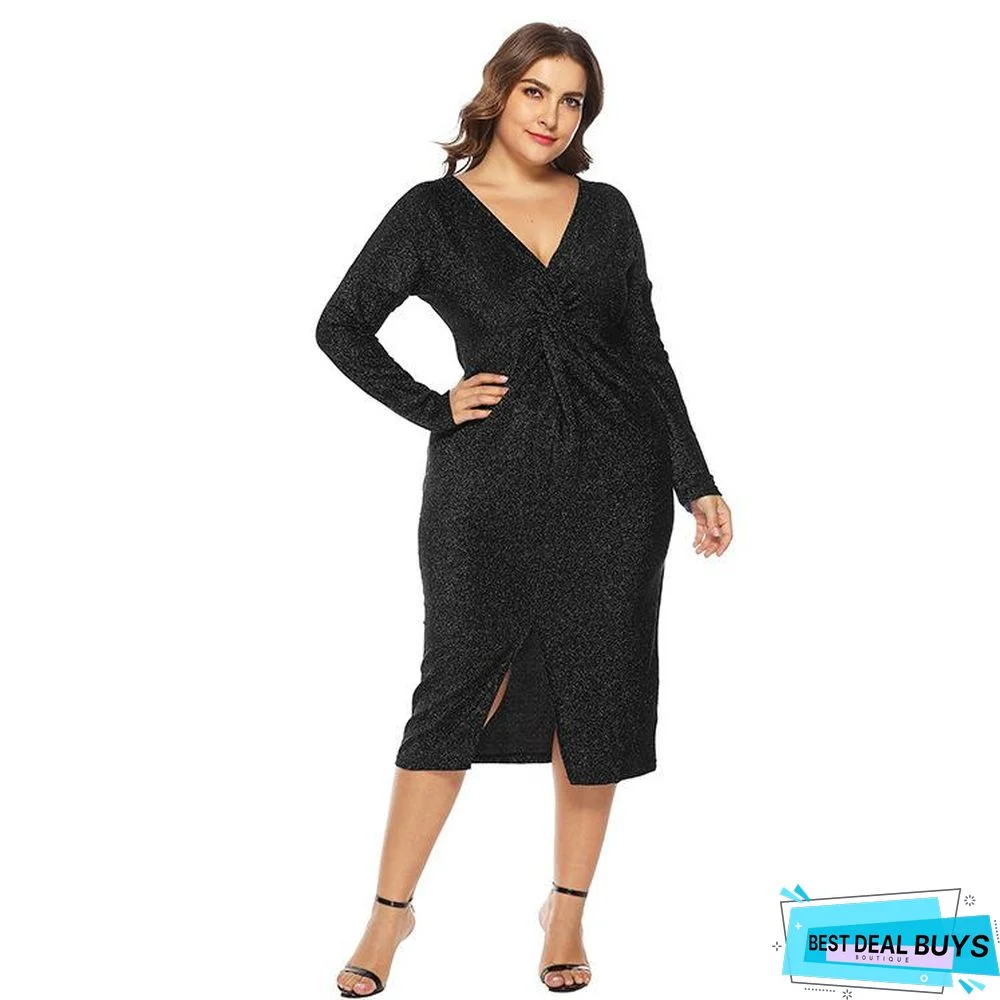 New European and American Large Size Women's V-Neck Dress