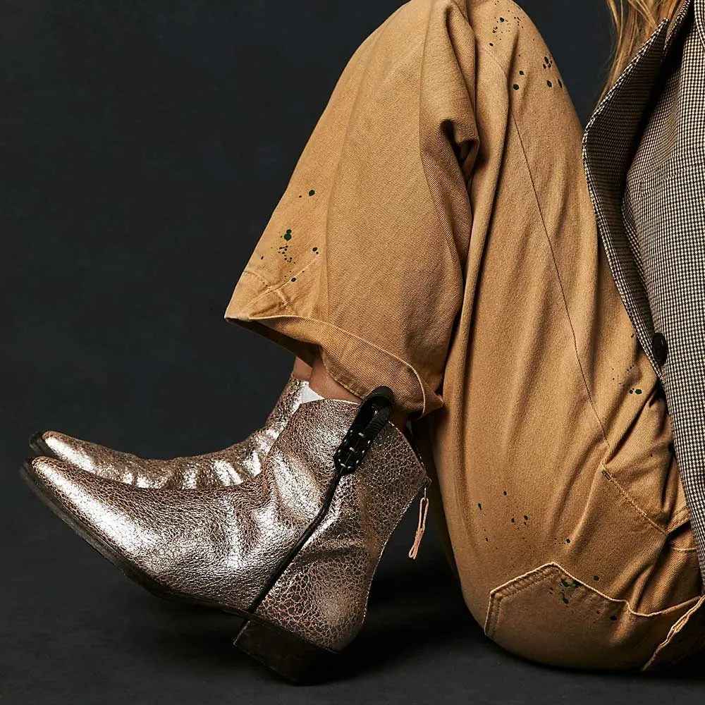 Silver Metallic Closed Pointed Toe Back Zipper Cowboy Boots for Women