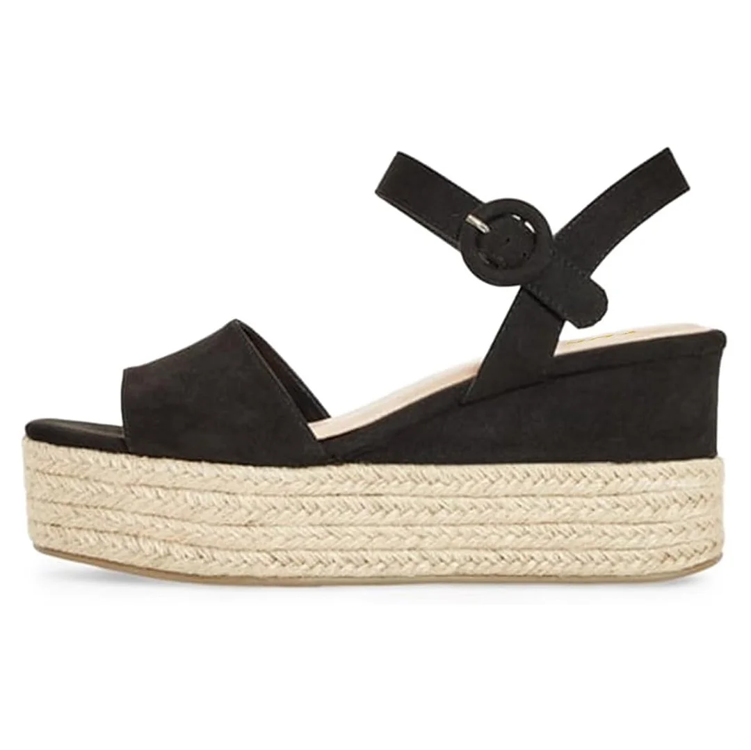 Black Open Toe Ankle Strap Wedge Heel Platform Espadrille Sandals