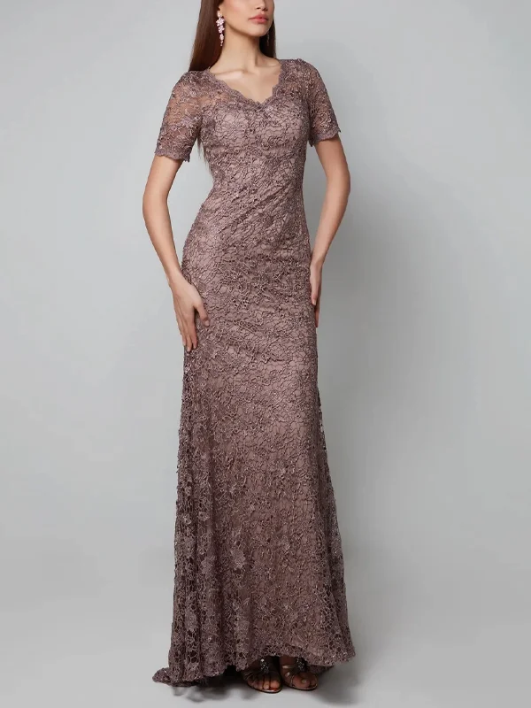 V-Neck Lace Short Sleeve Solid Color Maxi Dress