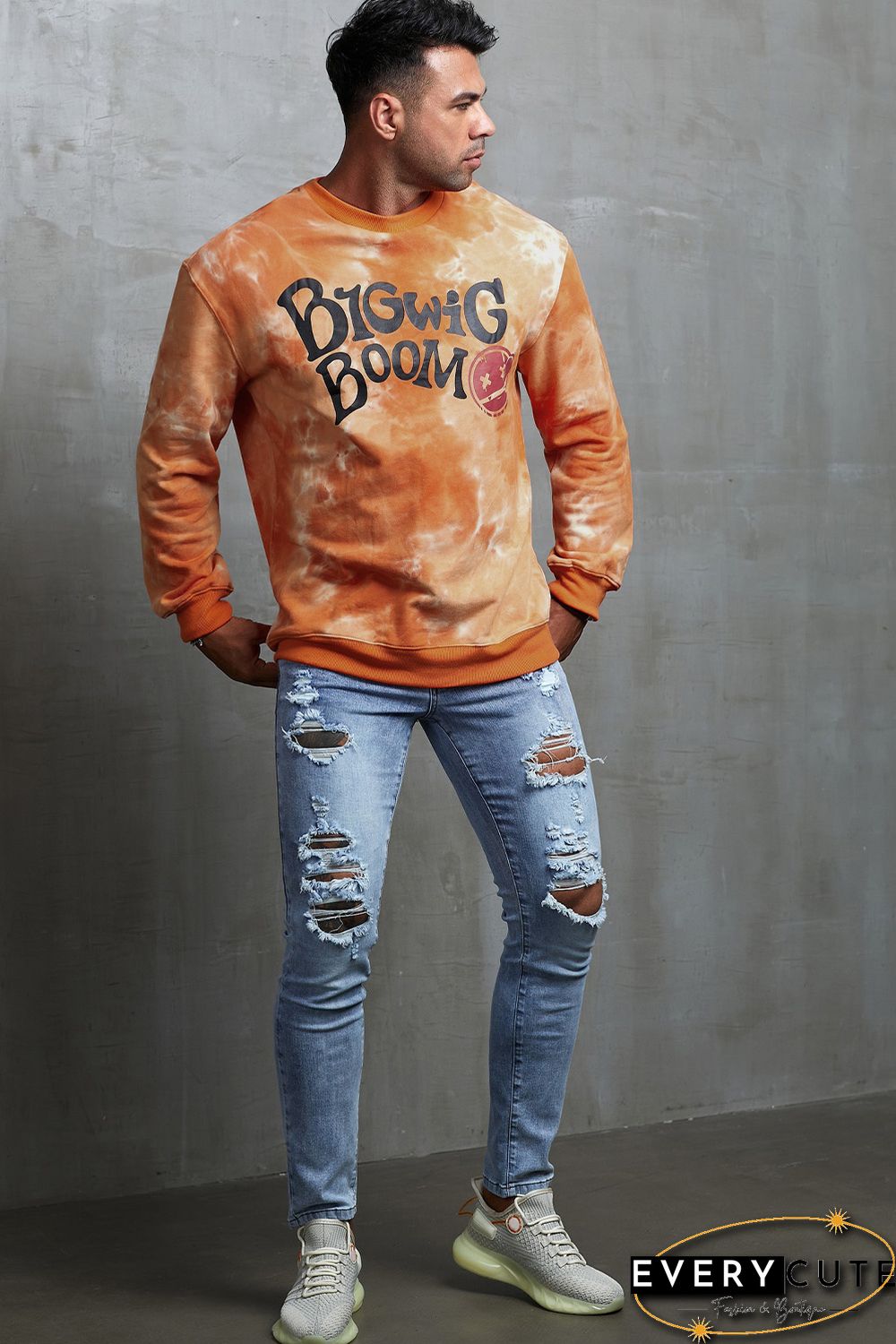 Orange Tie-dyed Letter Print Crew Neck Men's Graphic Sweatshirt