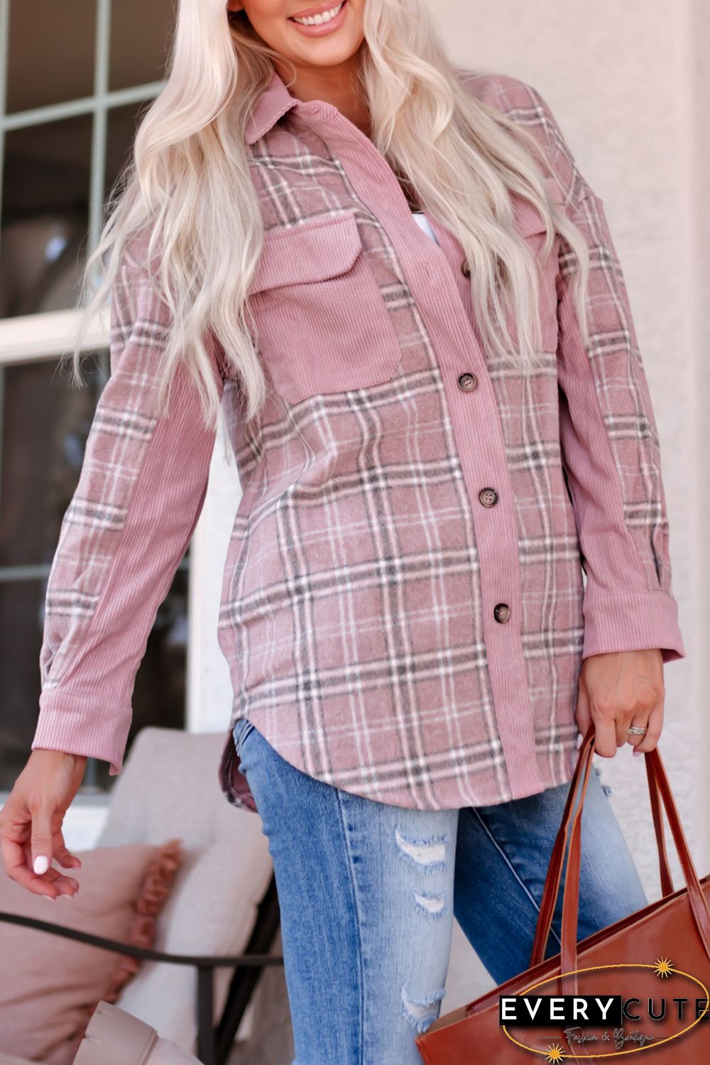 Pink Corduroy Plaid Pattern Shacket
