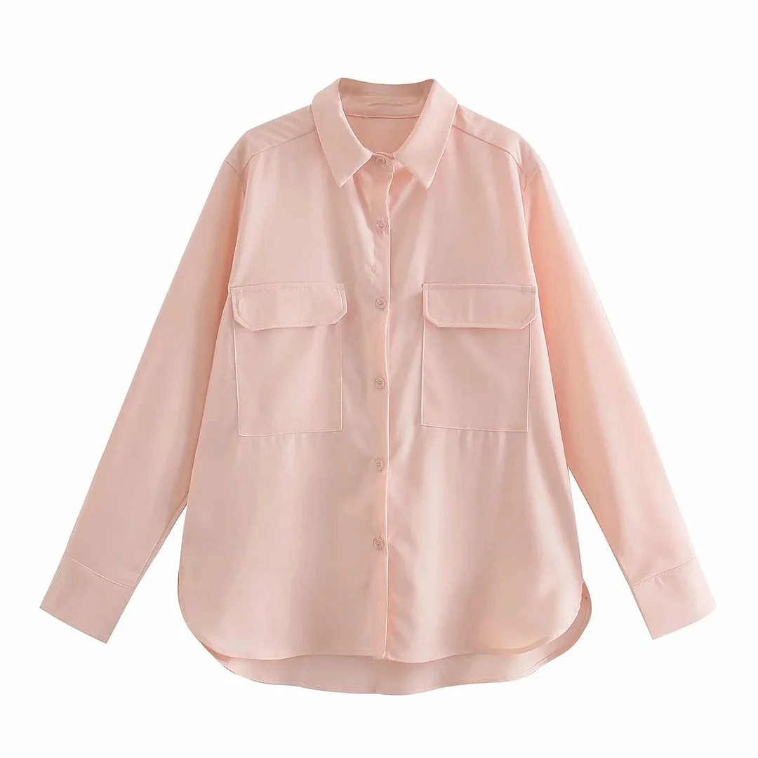 Women's Shirts Pink Blouses Za Spring Pockets Long Sleeves Female Streetwear Mujer Blusas Solid Office Ladies Tops Casual Button