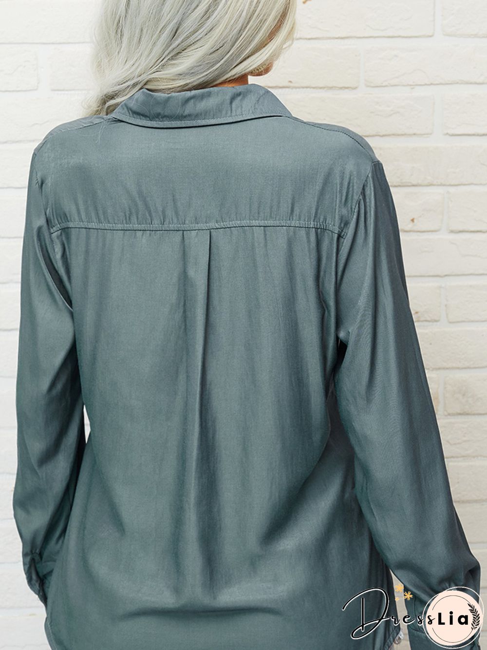 Cotton-Blend Shift Long Sleeve Shirt Collar Blouse