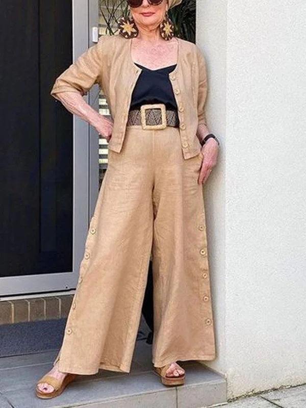 Short cotton and linen blouse everyday ladies two-piece suit