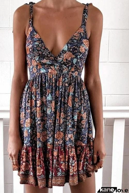 Printed Spaghetti Strap A Line Mini Dress