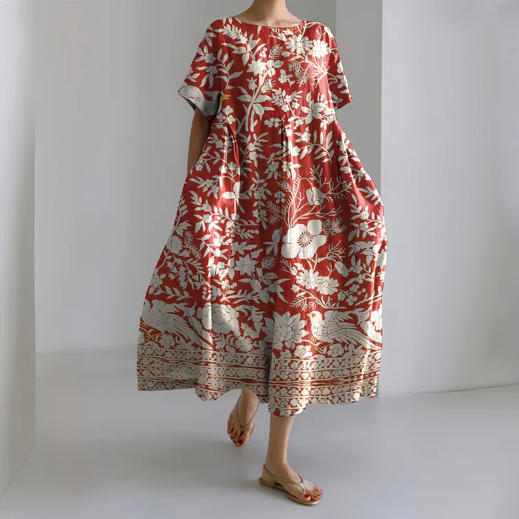 Japanese Flower And Bird Art Print Crew Neck Linen Blend Midi Dress