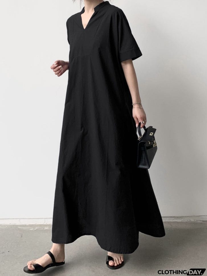 Loose Short Sleeves Solid Color V-Neck Maxi Dresses