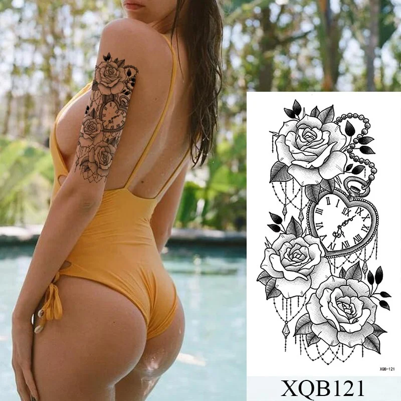 Waterproof Temporary Tattoo Sticker Lace Rose Flowers Lion Flash Tattoos Wolf Fox Body Art Arm Fake Sleeve Tatoo Women
