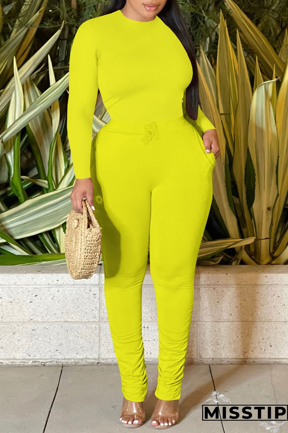 Pink Casual Solid Basic O Neck Long Sleeve Two Pieces