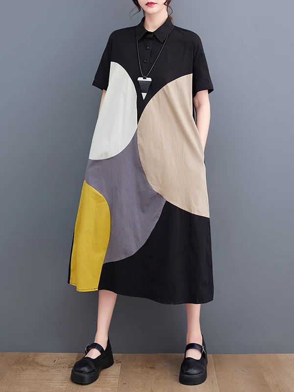 Loose Oversize Color-Block Contrast Color Split-Joint Lapel Midi Dresses Shirt Dress