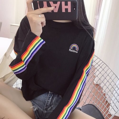 T-shirts Rainbow Striped Kawaii Long Sleeve Soft Loose Embroidery Korean Style Women Tee Lovely Fashion Womens T-shirt All-match