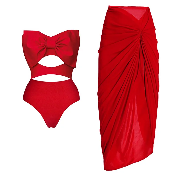 Bow-embellished Cutout Red One Piece Swimsuit and Skirt Flaxmaker