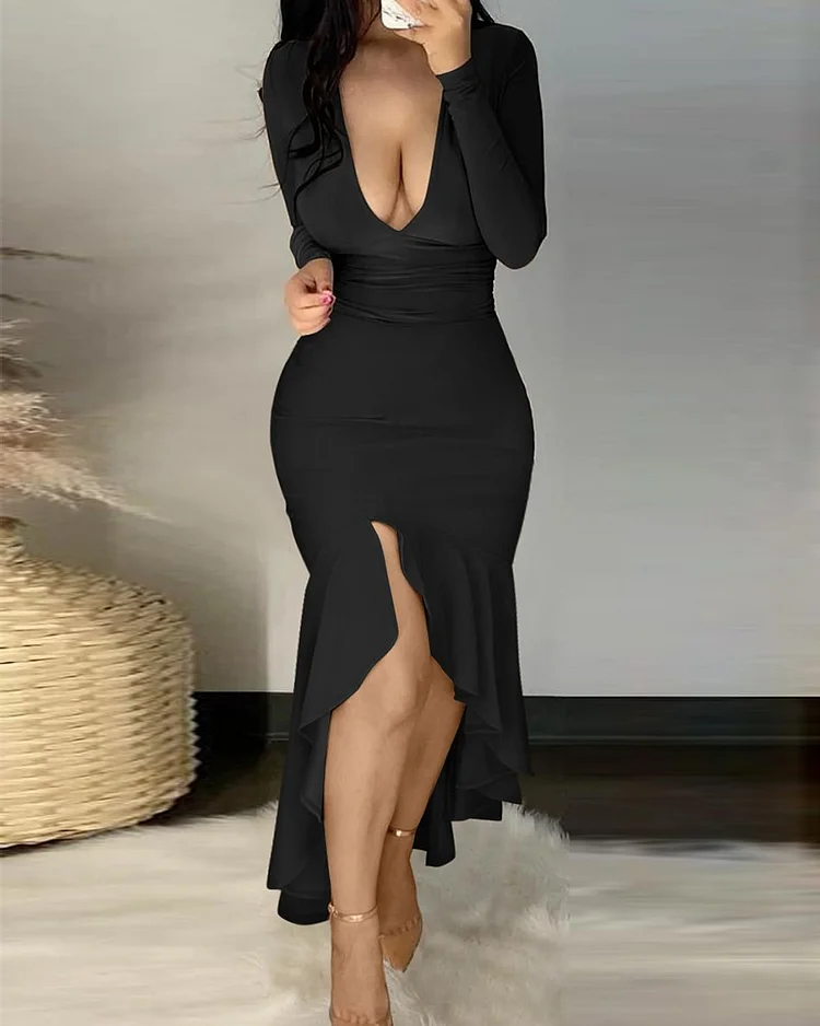 Deep V-neck long-sleeved high-waist slit hip-pack dress