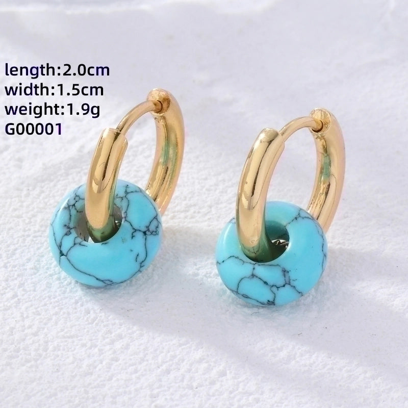 2 Pieces Retro Minimalist Round Plating 304 Stainless Steel Natural Stone Gold Plated Earrings
