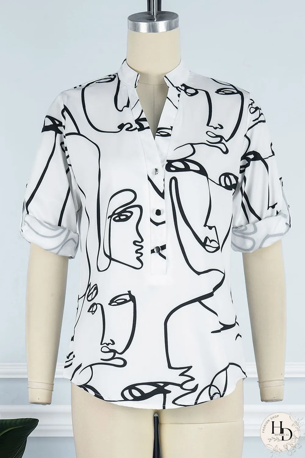 Colour Casual Street Print Patchwork Buckle Mandarin Collar Tops