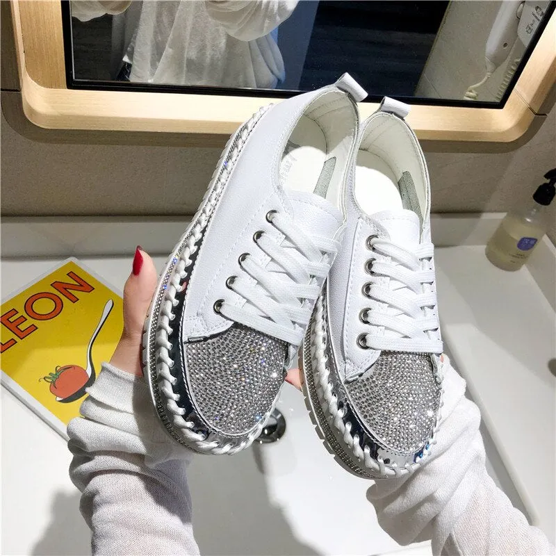 Lucyever Women Crystal Flat Shoes 2019 Autumn Fashion Bing Lace Up Ladies Casual Shoes Comfortable Round Toe Platform Sneakers