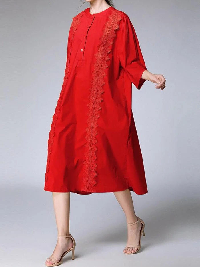 Women's new elegant half open collar lace shirt dress