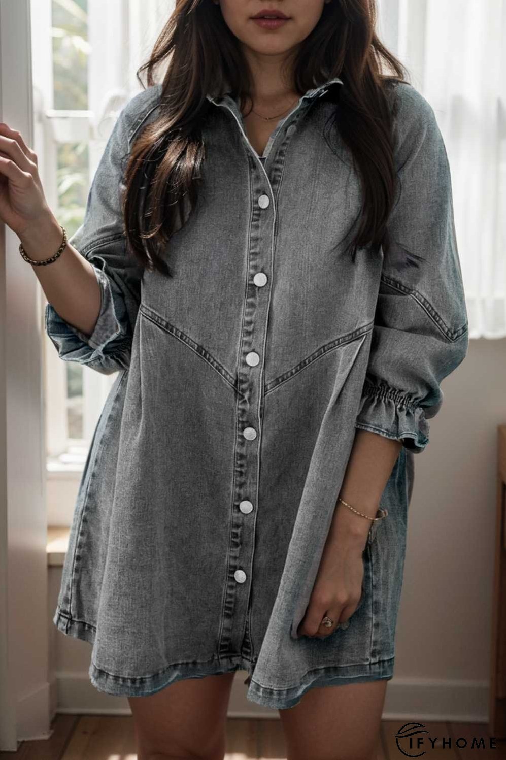 down loose short sleeve denim jean dress drop shoulder a line paneled peasant closed bateau v neck dress | IFYHOME