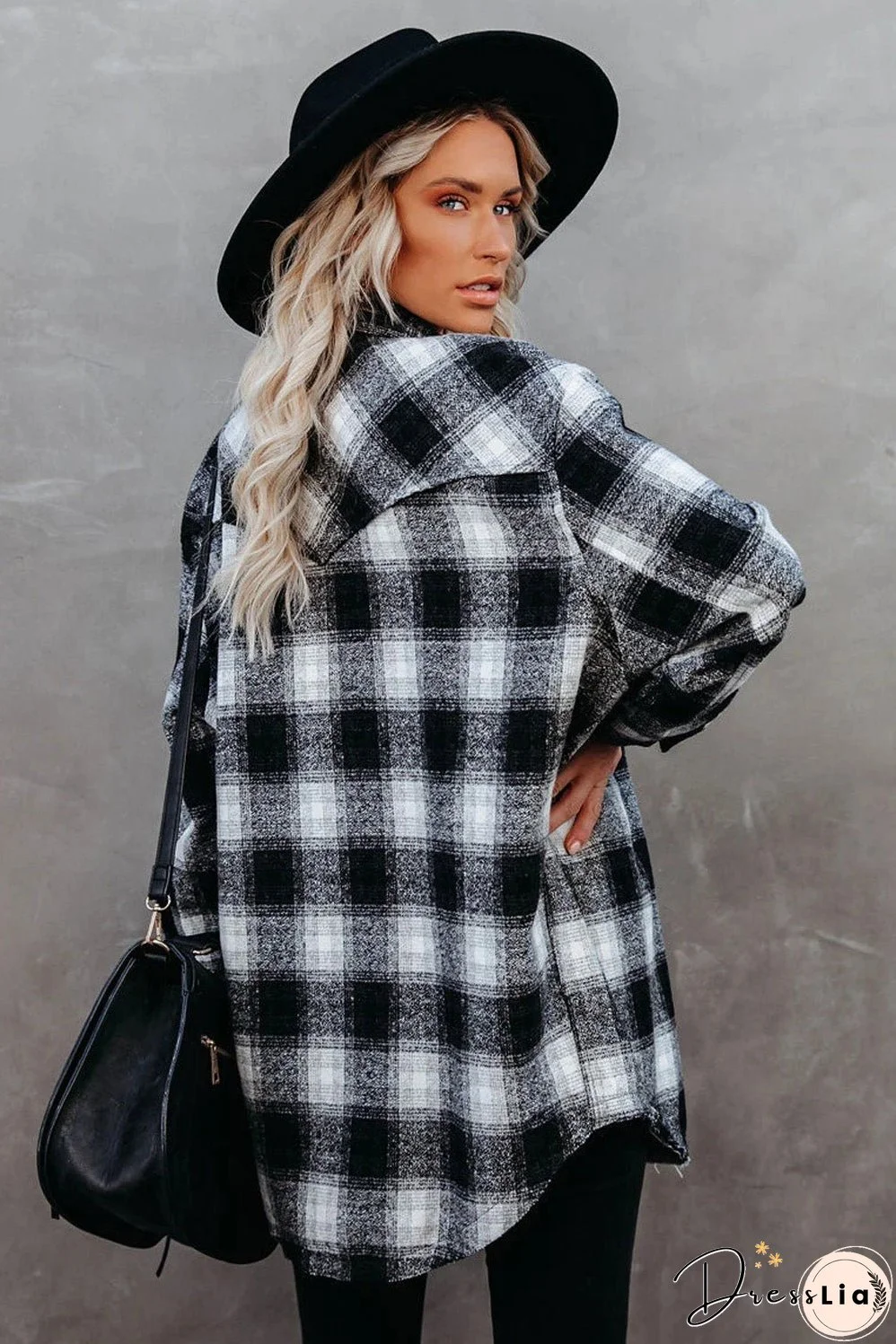 Winter Outfits Black Buttons Pocketed Plaid Shacket