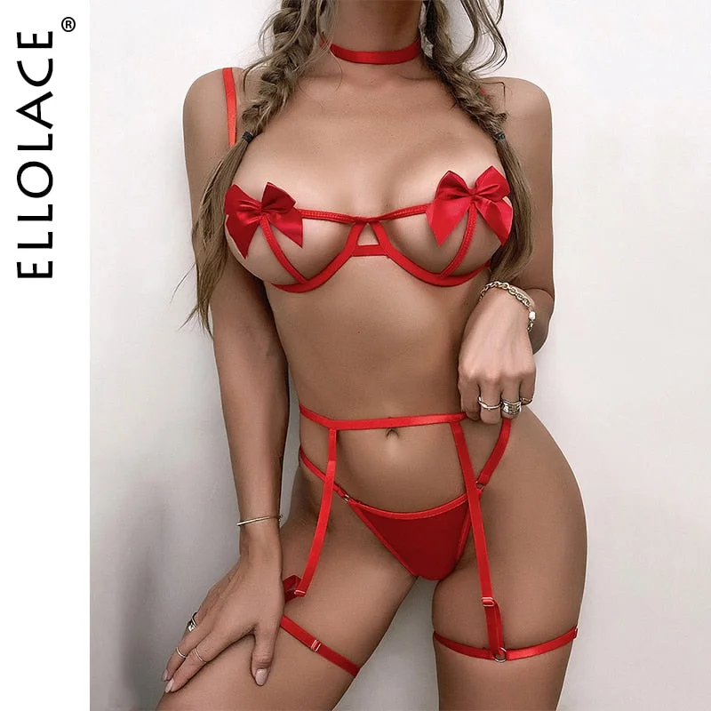 Ellolace Bow Sensual Lingerie Exotic Costumes Erotic Pron Hot Sexy Underwear Sissy Intimate Hollow Out Red Garters Breves Sets