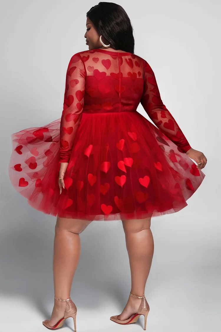 Xpluswear Design Plus Size Valentines Red Graphic Round Neck Long Sleeve See Through Tulle Mini Dresses [Pre-Order]