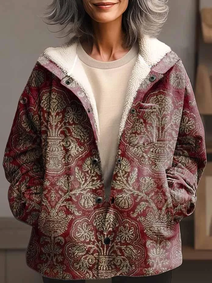 Women's Ethnic Art Print Waffle Plush Thick Long-Sleeved Hooded Coat