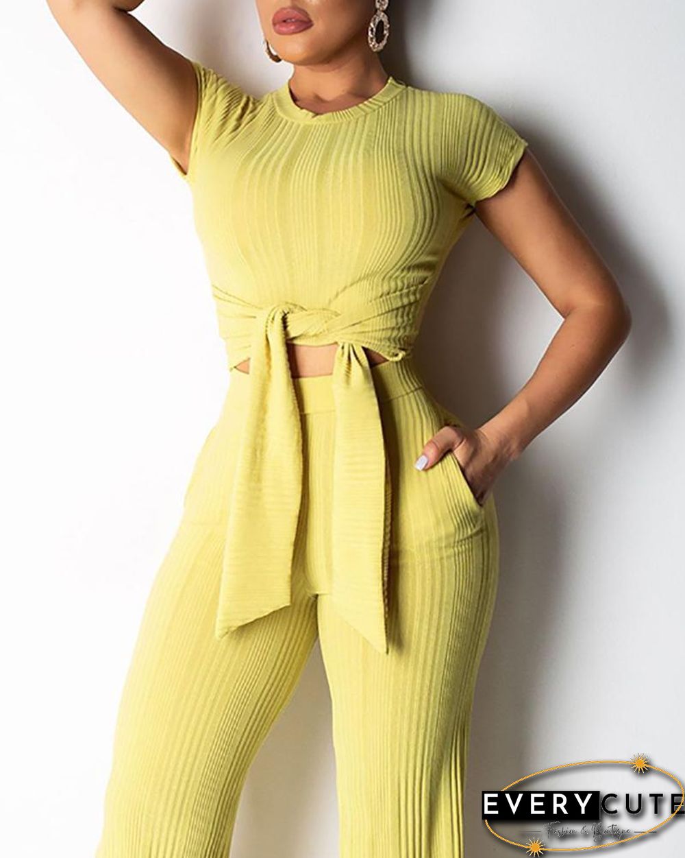 Knot Front Crop Top & Wide Leg Pants Set P12941