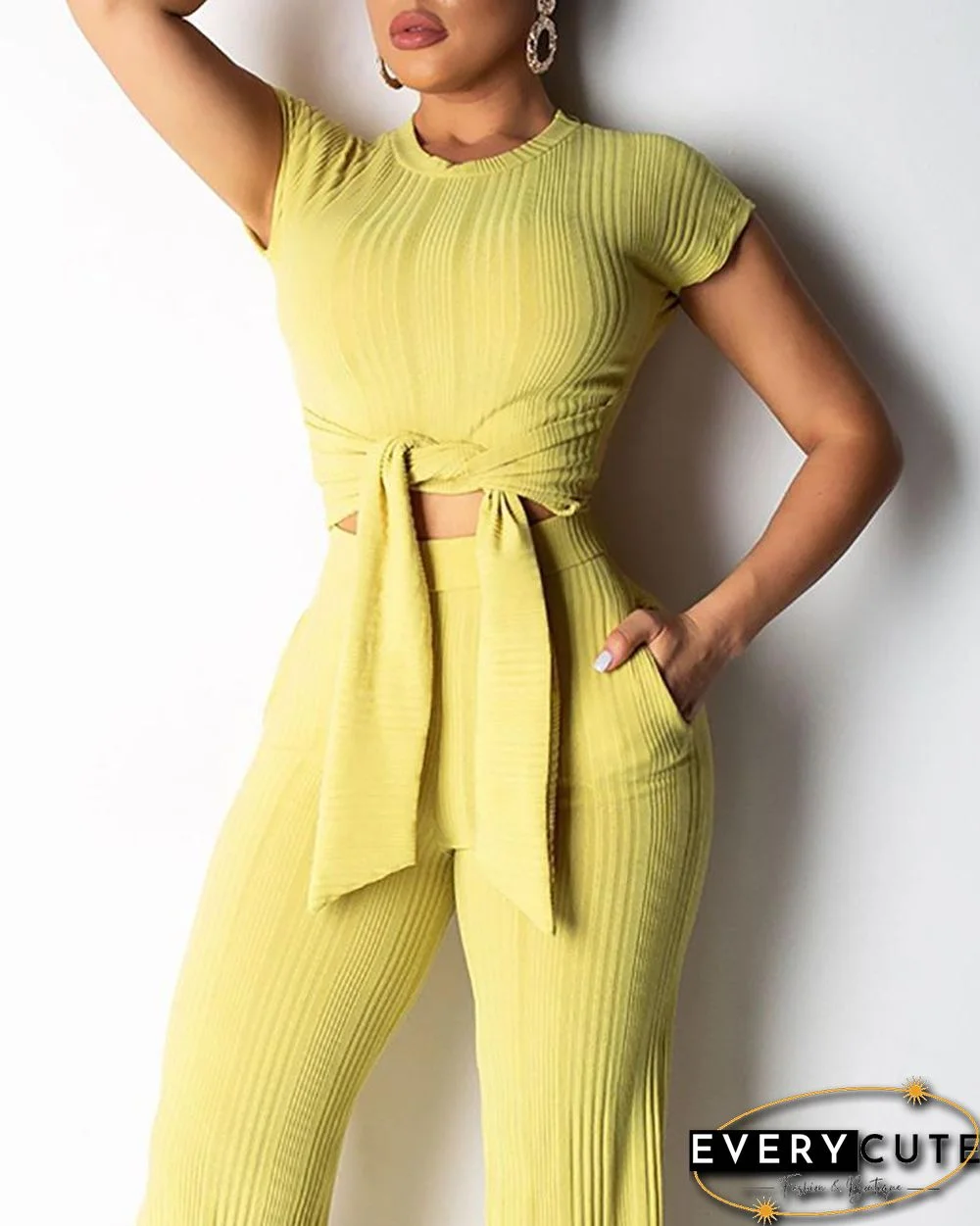 Knot Front Crop Top & Wide Leg Pants Set P12941