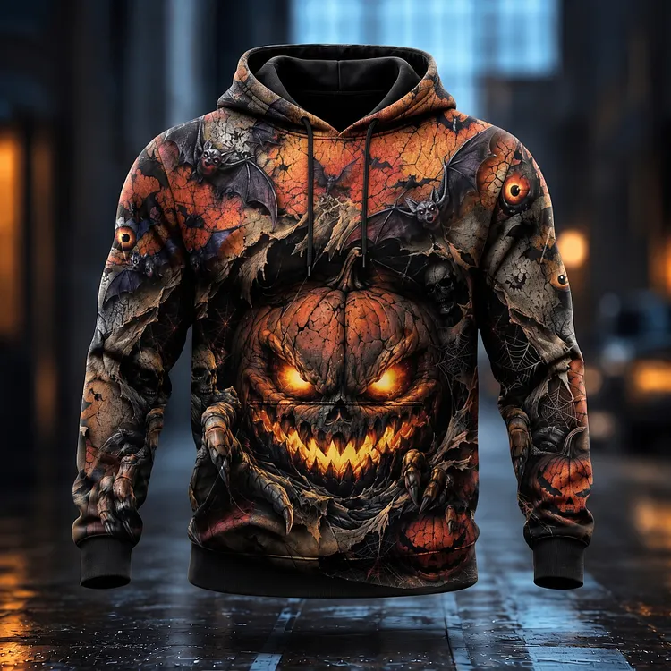 Men's Vintage Halloween Pumpkin Art Print Long Sleeve Casual Hoodie