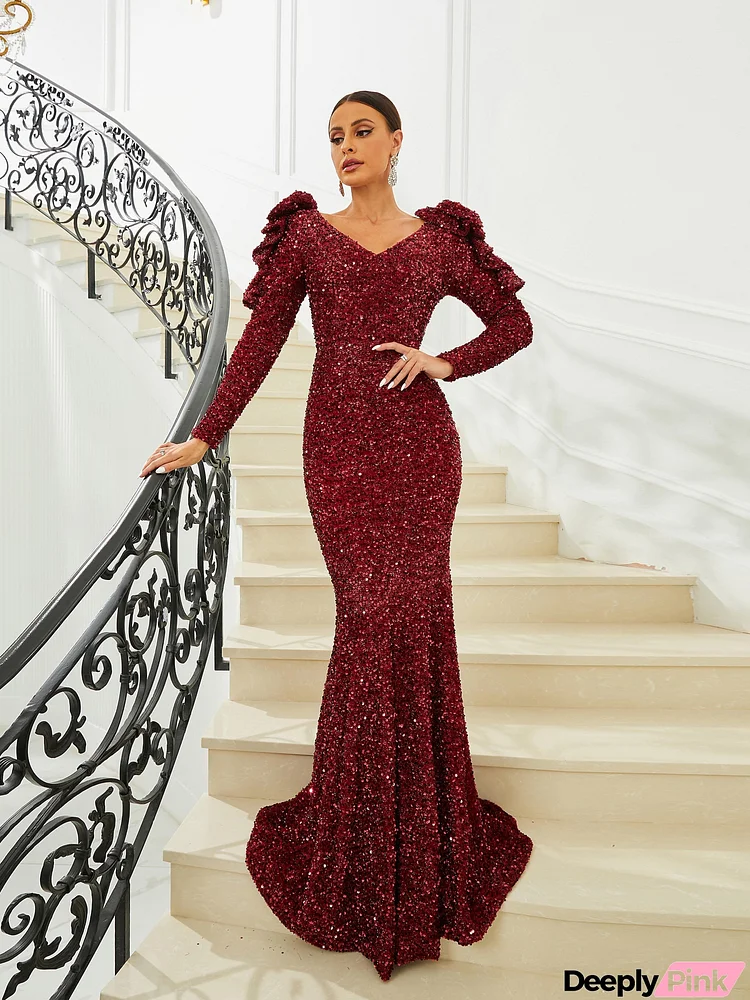 V-Neck Ruffle Red Sequin Maxi Evening Dress XJ1694