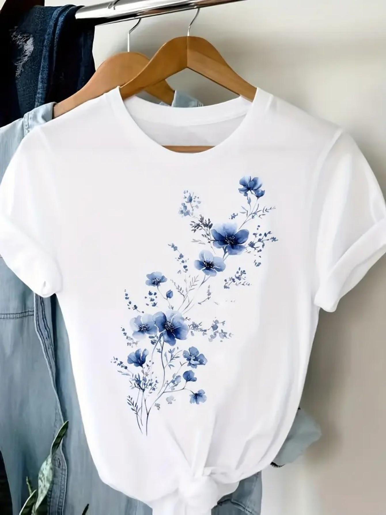 Women's White Cotton T-Shirt With Blue Floral Print - Loose Fit Round Neck Short Sleeve, Breathable Casual Top For Summer Parties & Casual Attire, Party Attire, Relaxed Fit Tee, Comfortable Tee | IFYHOME