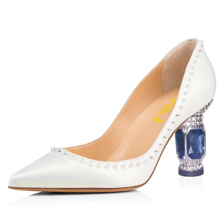 White Pointy Toe Crystal Decorative Heel Rivets Pumps Shoes |FSJ Shoes