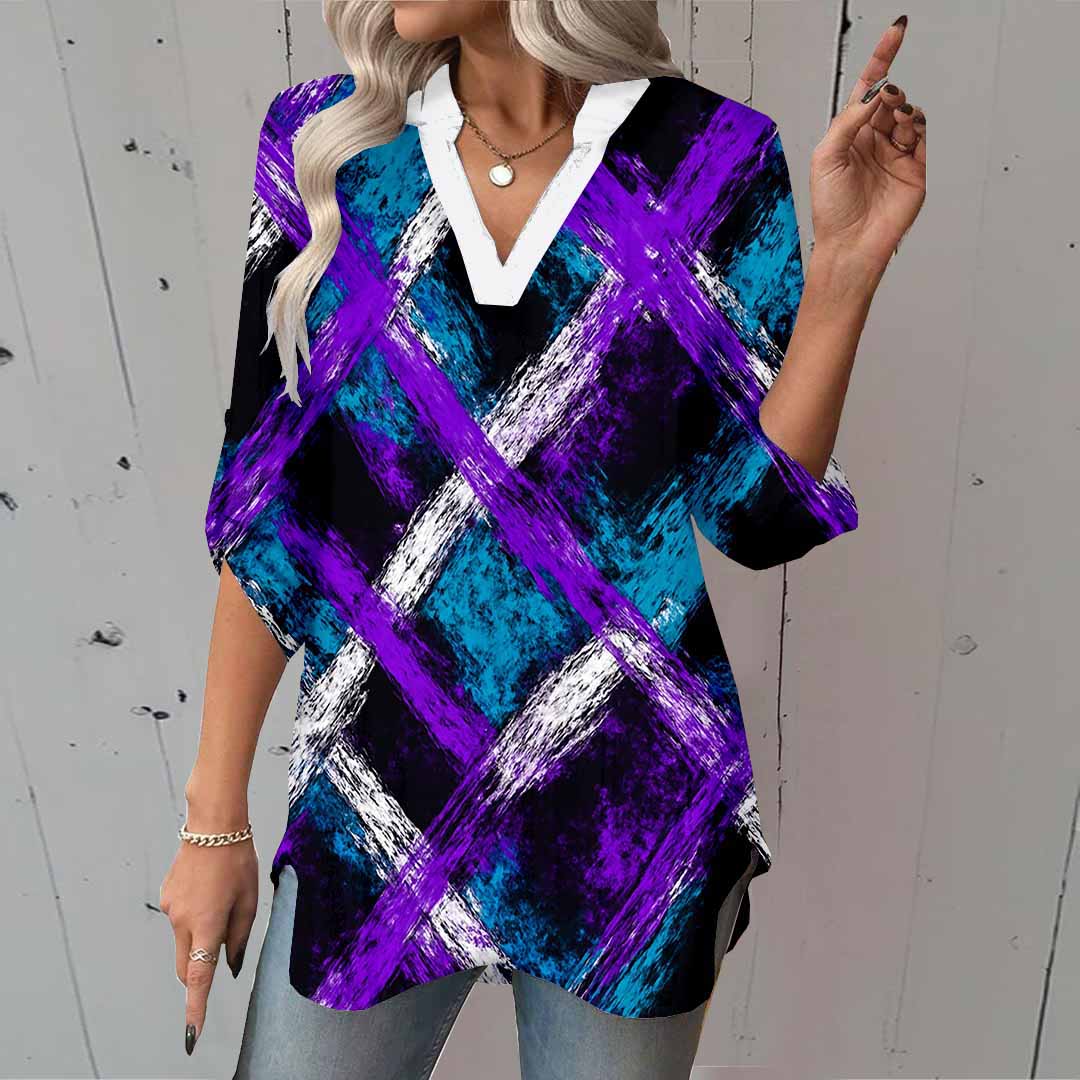 Women Purple, Tie-dyed,Ladynora DZGA0059 3/4 Sleeve V-neck Printed Graphic Button Tops