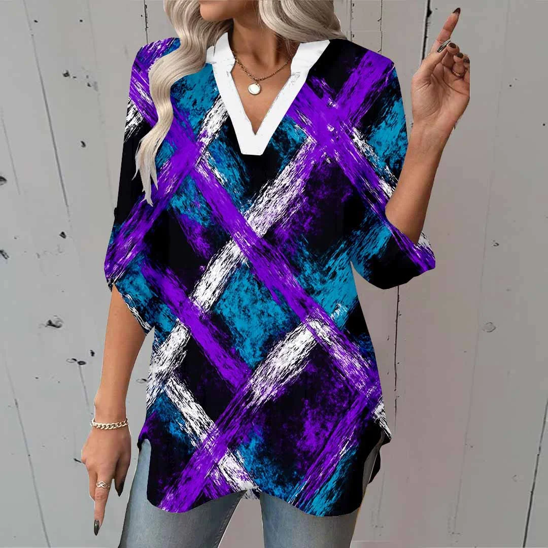 Women Purple, Tie-dyed,Ladynora DZGA0059 3/4 Sleeve V-neck Printed Graphic Button Tops