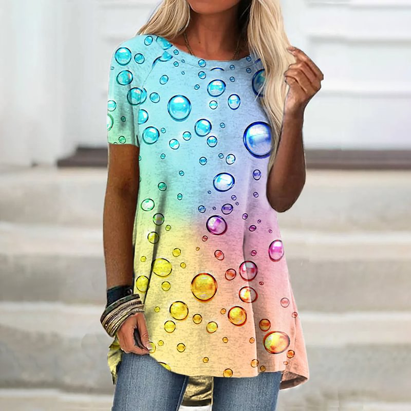 Rainbow Water Drop Tie-dye Print Women's Casual T-shirt