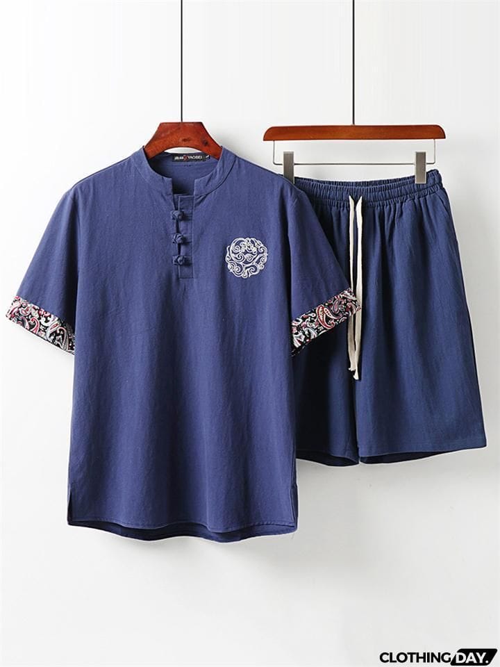 Mens Vintage Loose Linen Casual Short Sleeve T-Shirts+Shorts