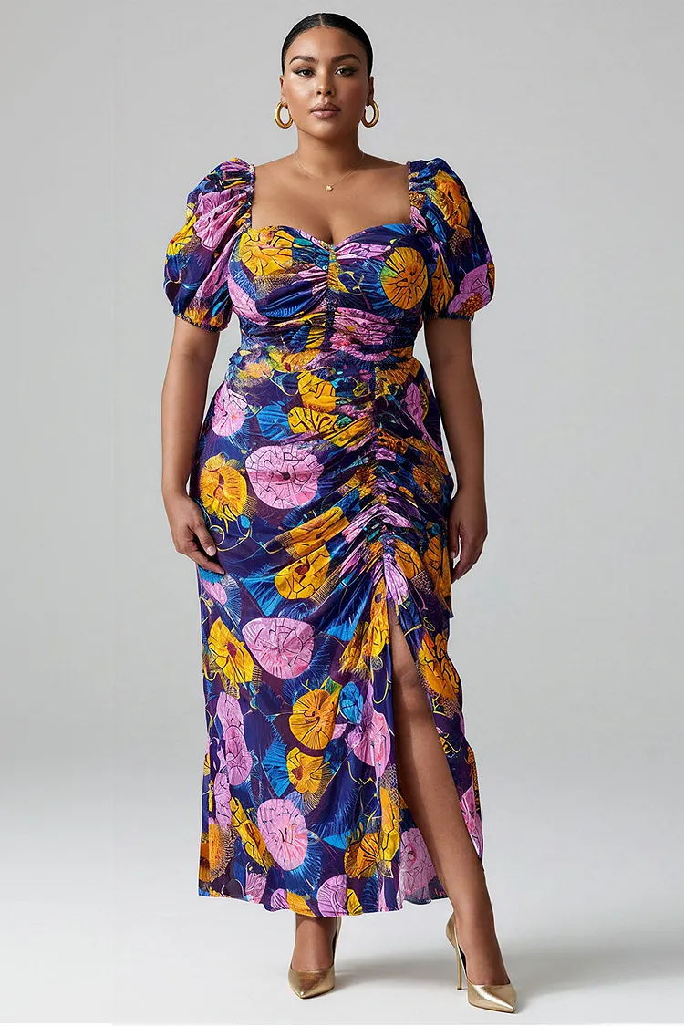 Xpluswear Design Plus Size Cocktail Party Blue All Over Print Square Neck Puff Sleeve Short Sleeve Fold Split Midi Dresses [Pre-Order] 2024 - Xpluswear