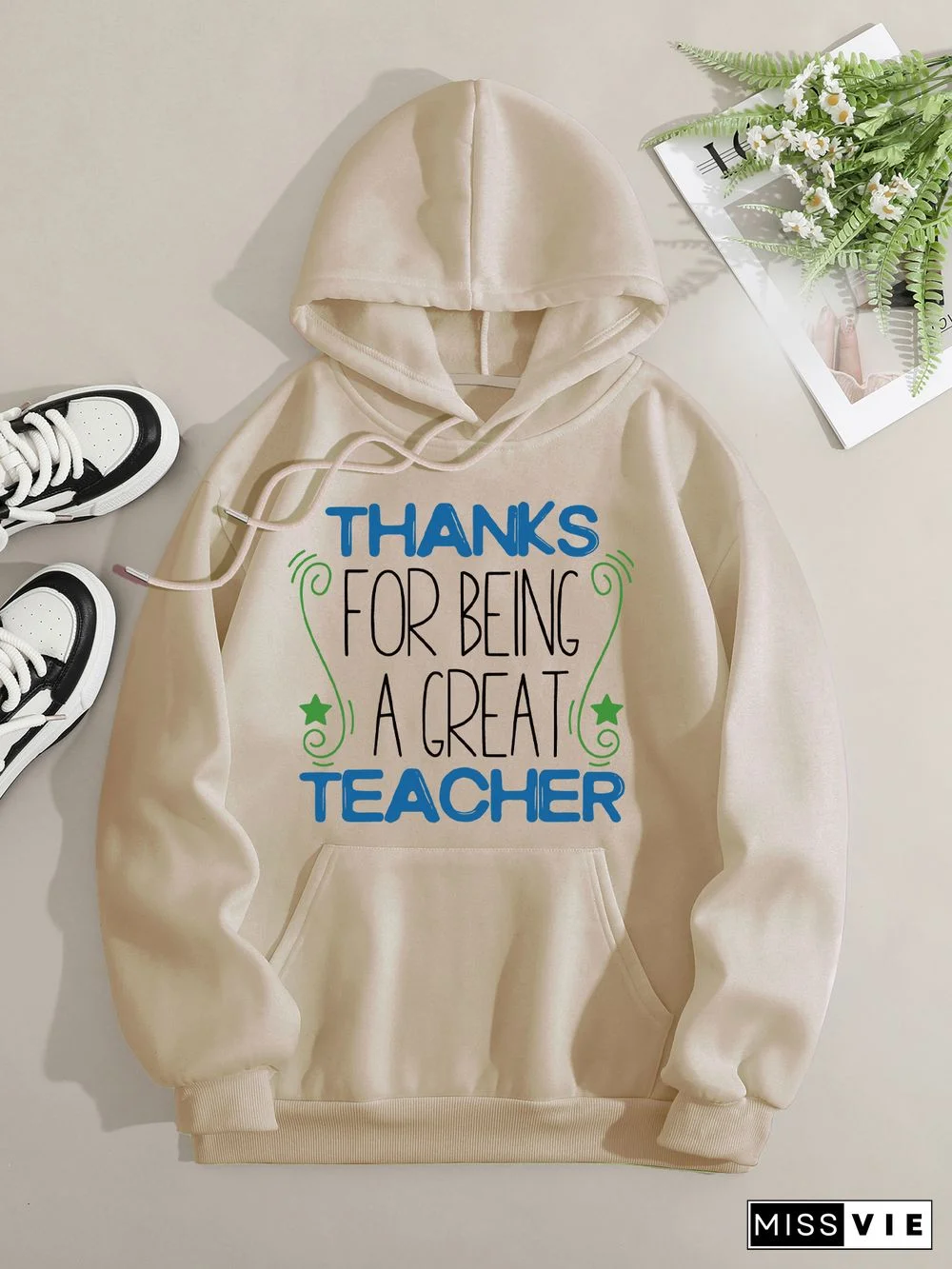 Printed on front Kangaroo Pocket Hoodie Long Sleeve for Women Pattern Thank you teacher