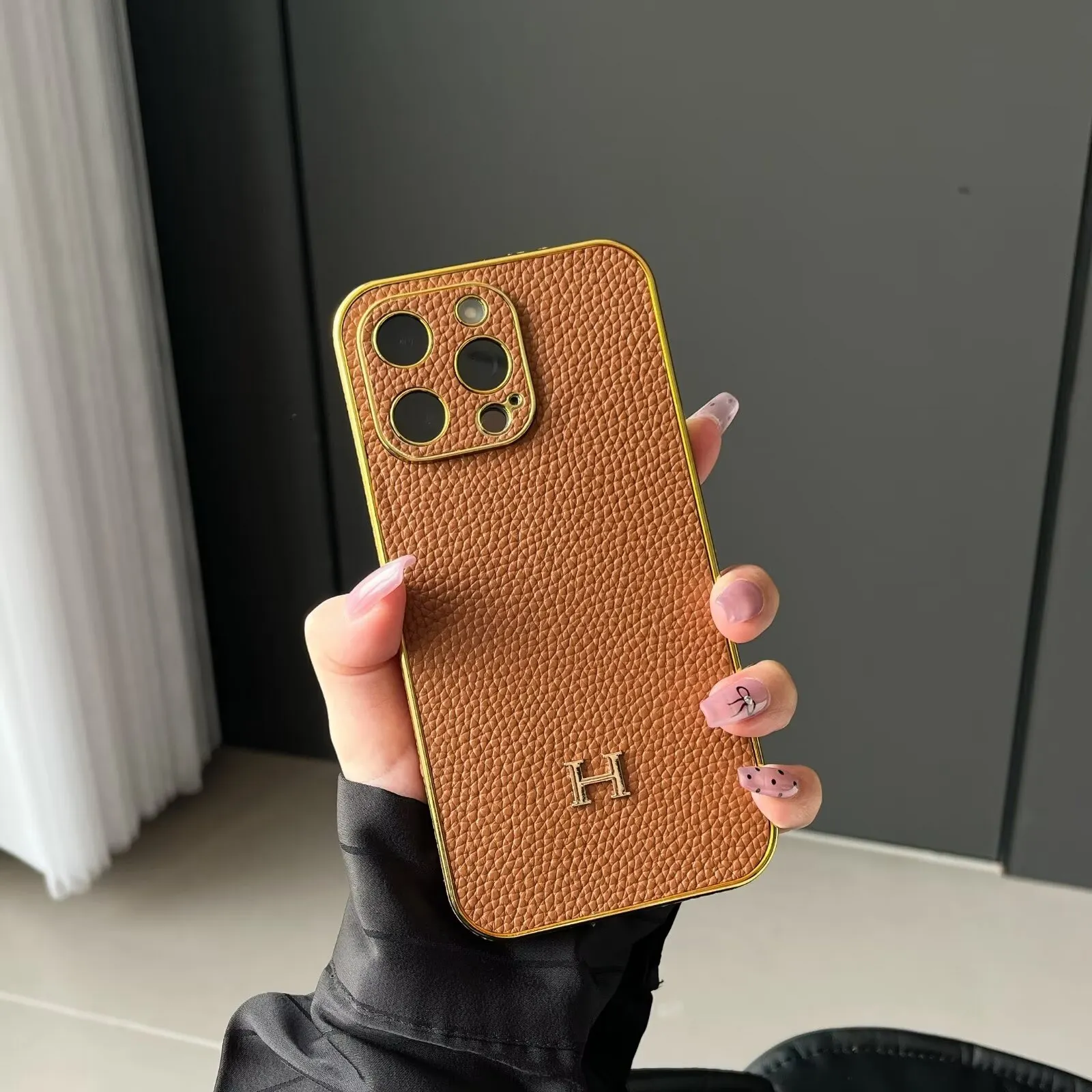 Luxury Hermes Genuine Leather Electroplating Elegant Apple iPhone Case