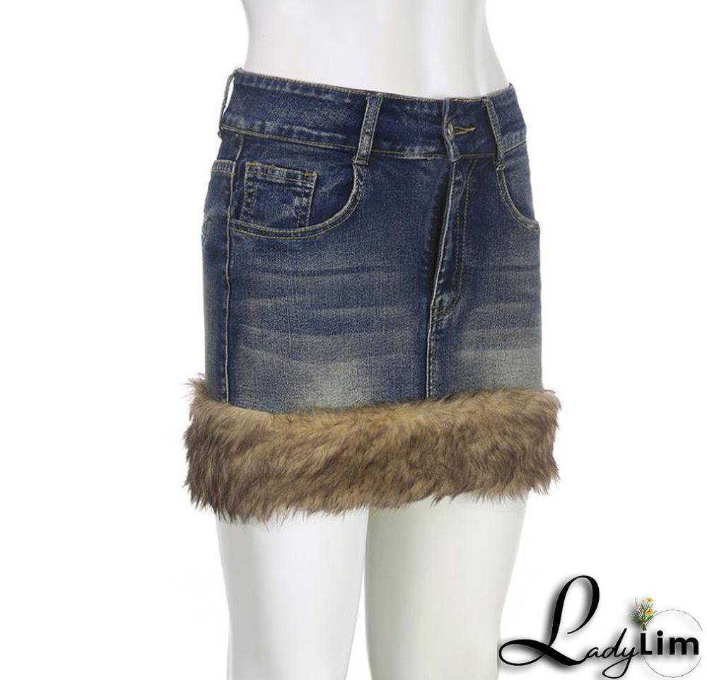 Fluffy Edge Wash Denim Retro Blue Stretch Skirt Female Style Bodycon Mini Skirt