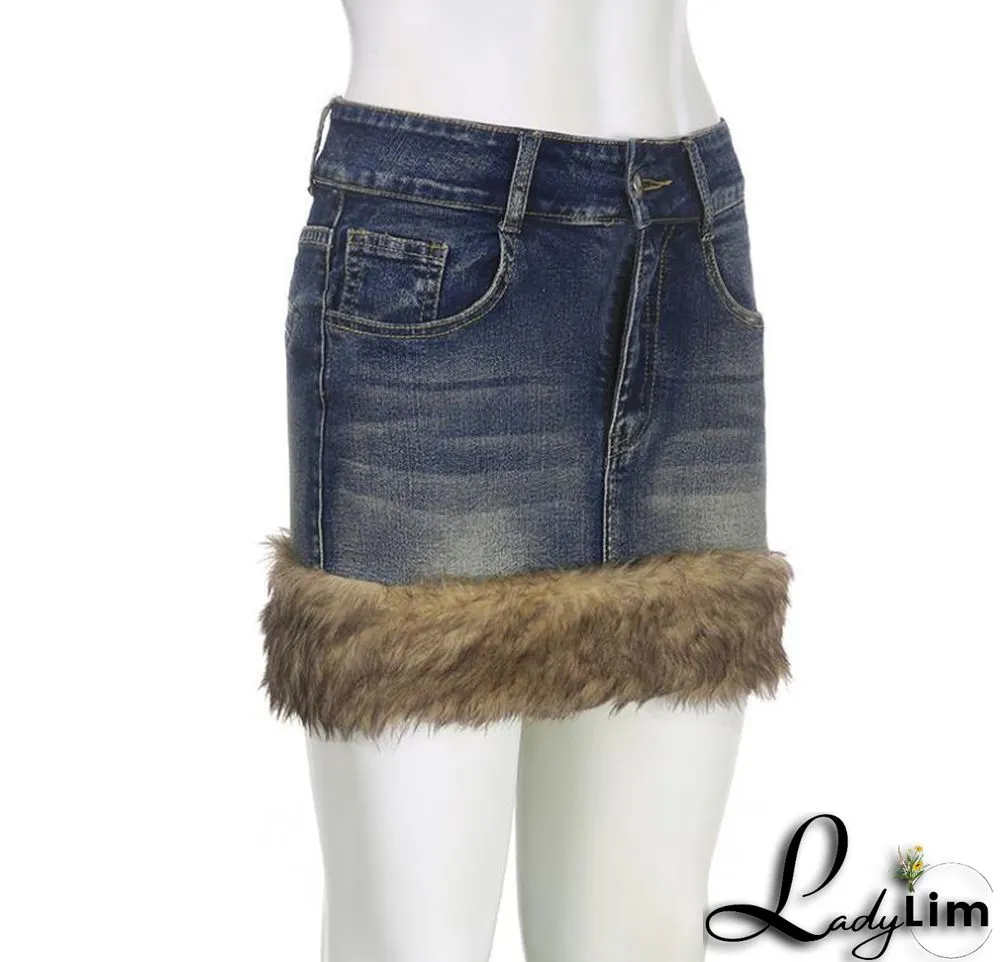 Fluffy Edge Wash Denim Retro Blue Stretch Skirt Female Style Bodycon Mini Skirt