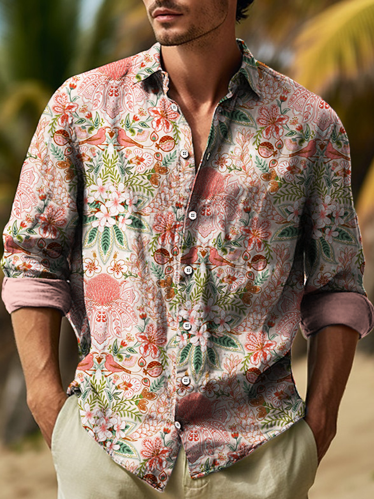 Comstylish Hawaiian Boho Damask Art Pattern Linen Blend Blouse