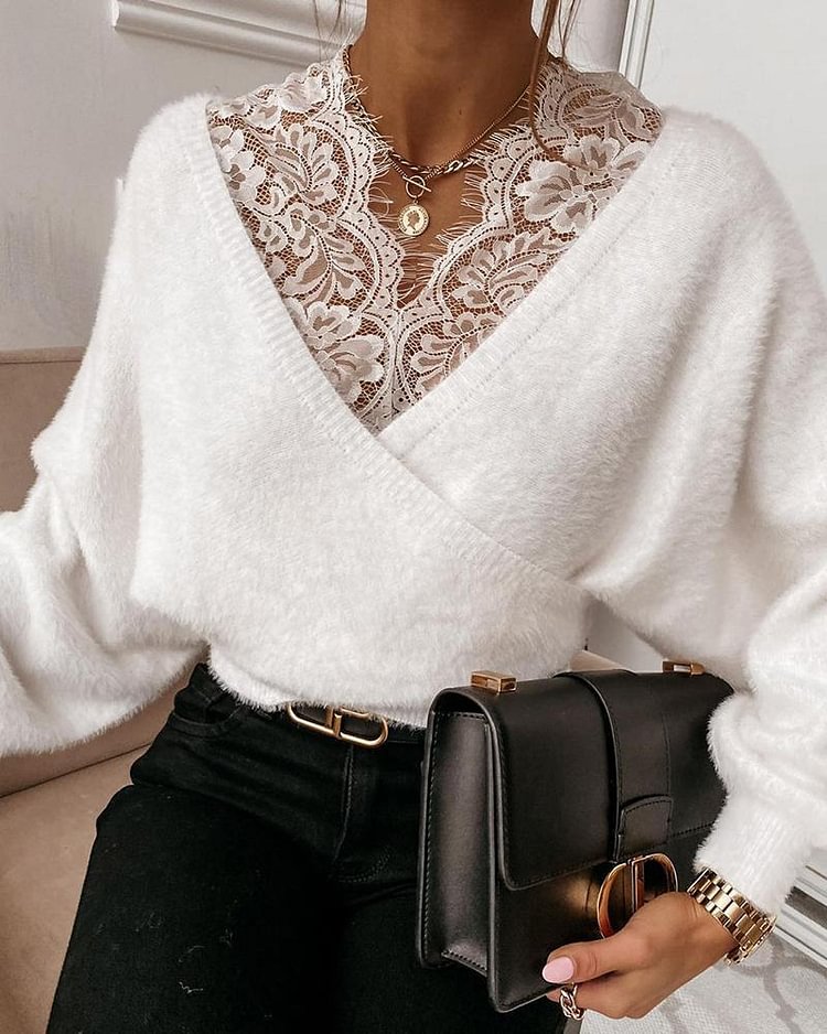 Lace Panel Drop Shoulder Sweater - Shop Trendy Women's Clothing | LoverChic