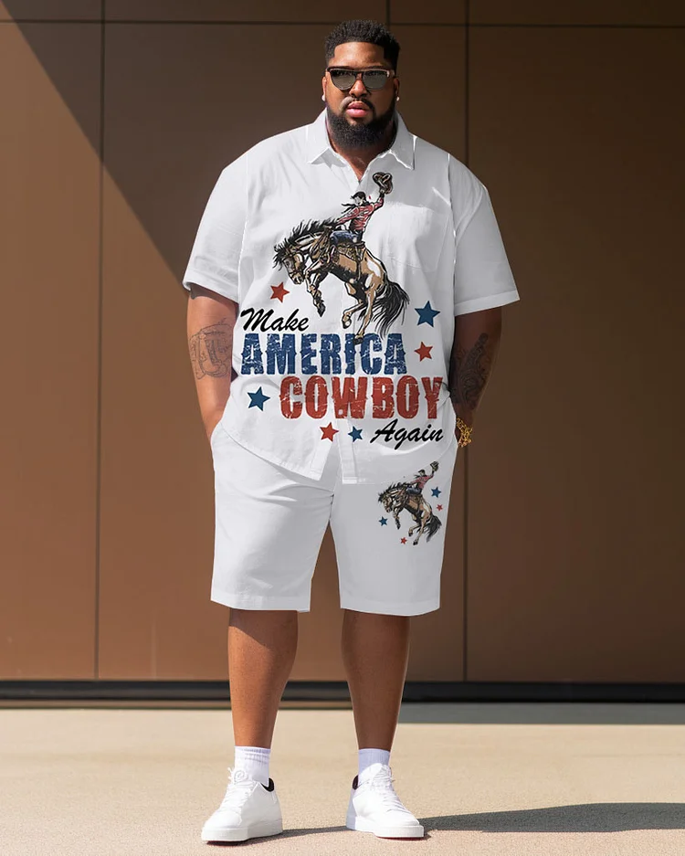 Men's Plus Size Independence Day Cowboy Print Short Sleeve Shirt Shorts Suit