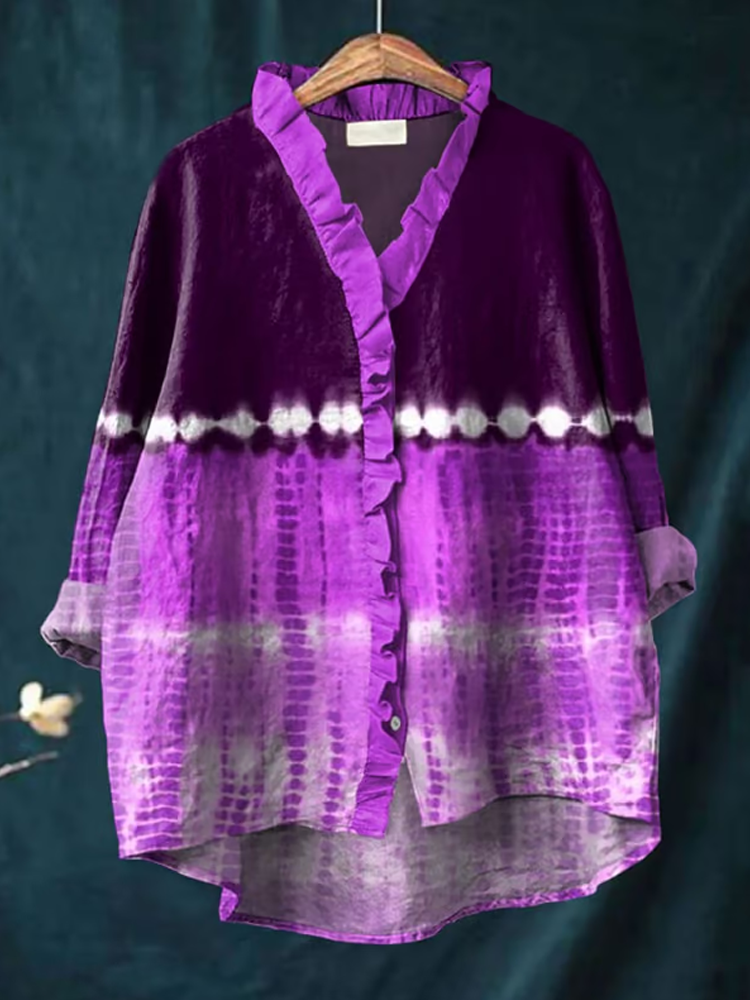 Women's Alzheimer's Tie Dye Abstract Art Print Pleated Design V-neck Shirt