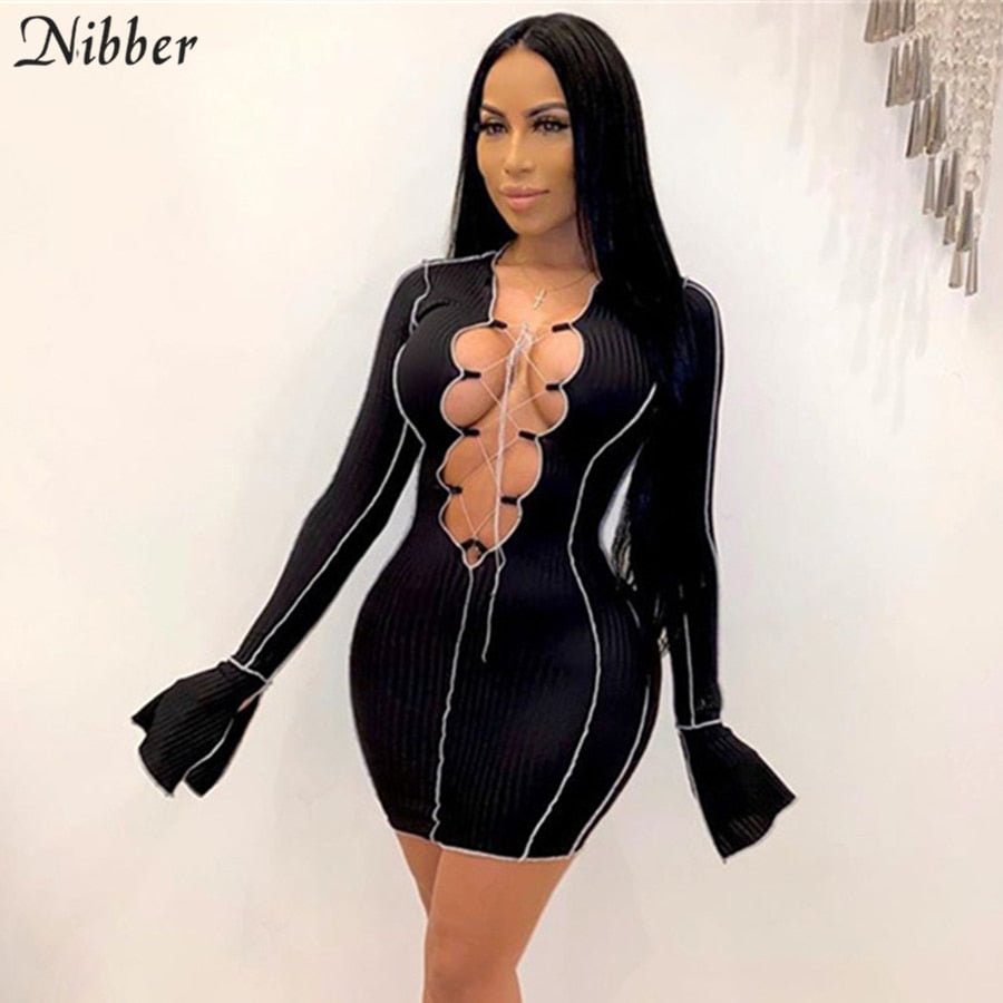 Nibber Sexy Stripe Low-Cut Hollow Out Party Night Clubwear Women Fashionable Lace Up Bodycon Street Dress Fall Casual Clother