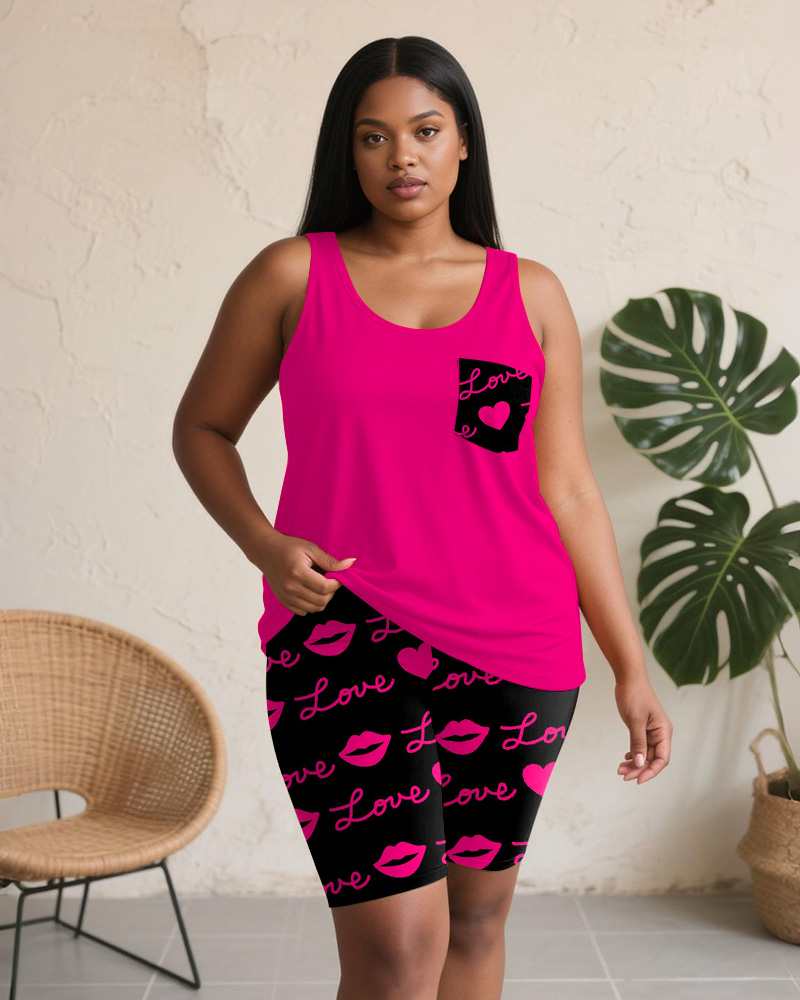 Women's Plus Size Daily Casual Rose Red Letter Lip Print Pocket Vest Shorts Suit