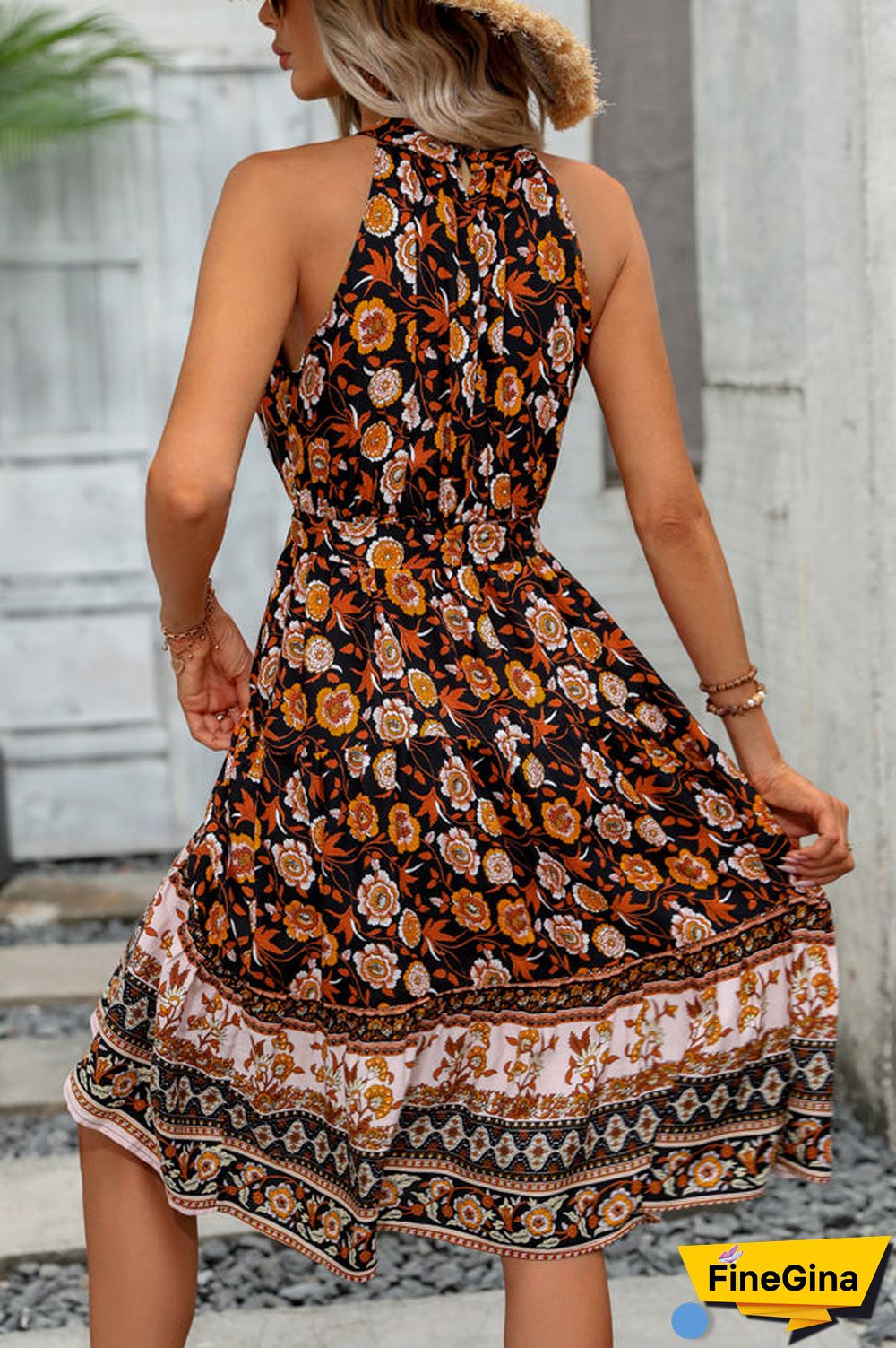 Halter Neck Tie Waist Floral Print Casual Dress