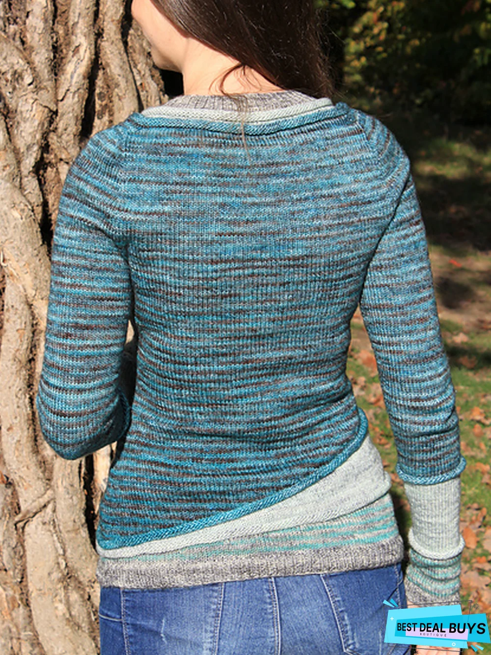 Blue Casual Plain Paneled Sweater